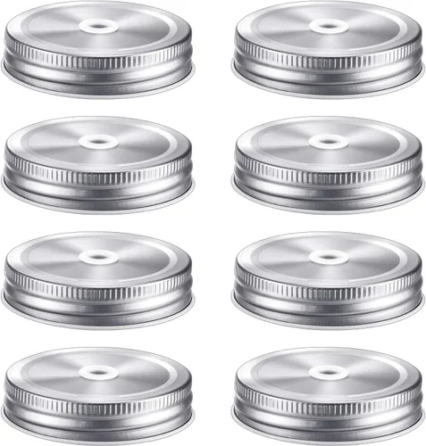 Vista 8 de Mudder 8 Piezas Tapas de Metal para Frascos Mason de Conservas de Boca Regular con Orificio para Pajita a Prueba de Fugas Reutilizables, 2.7 Negro