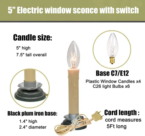 Vista 2 de Lámparas eléctricas de vela de 5 pulgadas, luces de vela de ventana de Navidad con base de hierro de ciruela negra, velas eléctricas con bombillas