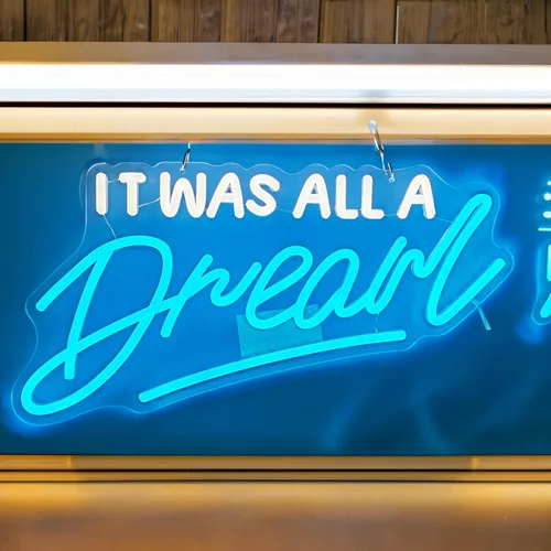 Vista 2 de Letrero de neón – Luz de neón LED con regulador de intensidad «It Was All A Dream» (blanco y azul, 16.5 pulgadas)