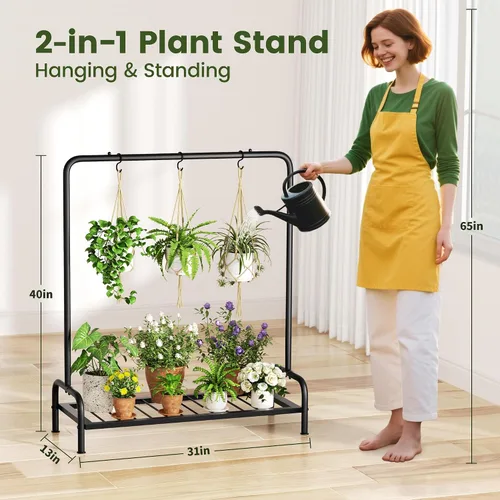 Vista 5 de Soporte para plantas al aire libre alto 40 pulgadas estante para plantas de patio Estante de plantas de metal con 3 ganchos