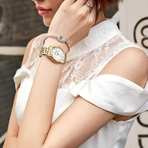 Vista 3 de Reloj clásico para mujer, reloj de pulsera de cuarzo de acero inoxidable dorado y plateado para mujer con visualización de fecha, relojes elegantes