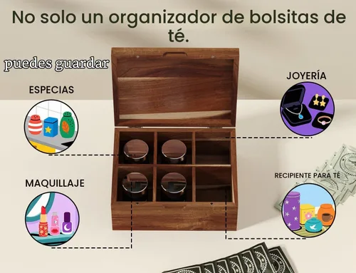 Vista 2 de Bolsa de té de madera de acacia con 6 compartimentos