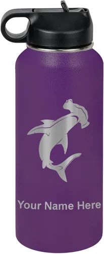 Vista 46 de LaserGram Botella de agua personalizada, tiburón martillo, acero inoxidable de doble pared aislada al vacío con popote superior, regalo grabado