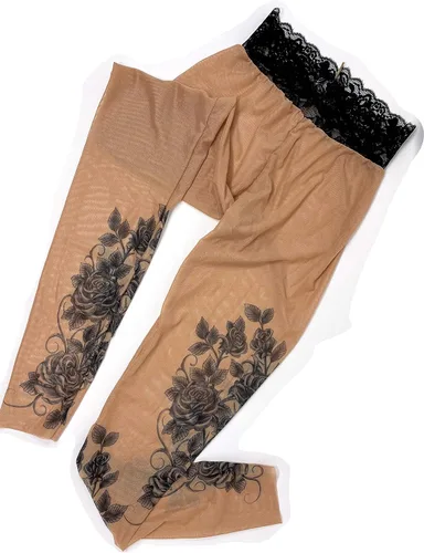 Vista 2 de Wild Rose Leggings de malla de tatuaje de rosas grises para mujer, color gris y negro, bronceado