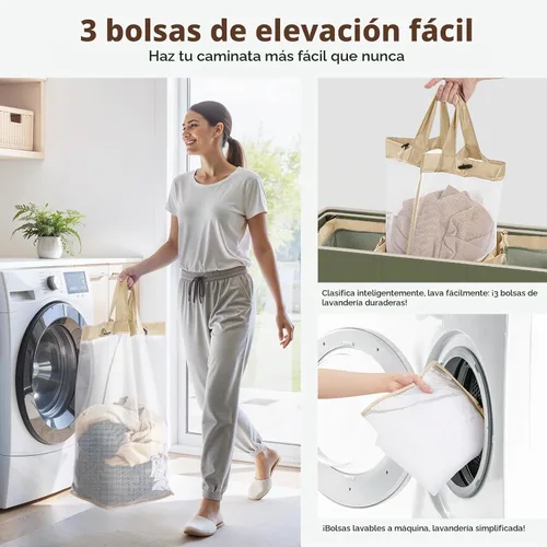 Vista 3 de SOLEDI Cesta de lavandería de 3 secciones de 180L con tapa, cesta de ropa sucia extragrande con asas resistentes para lavandería y dormitorio