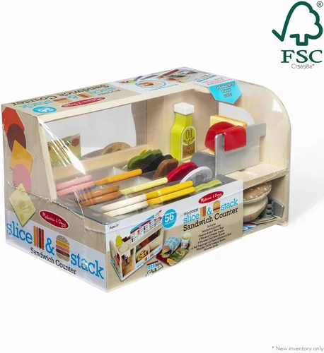 Vista 7 de Melissa & Doug Slice-Stack-Serve, mostrador de sándwiches de madera, tienda de juego de simulación con comida de juguete, dinero de juguete