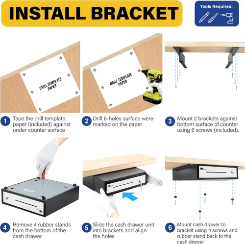 Vista 8 de HK SYSTEMS Cajón de efectivo POS negro resistente de 16 "acero inoxidable" con 5Bill/5Coin con soporte de metal de montaje debajo del mostrador