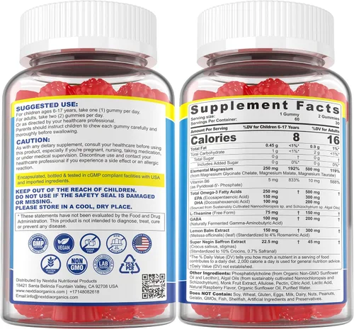 Vista 8 de Calm Focus Gomitas de glicinato de magnesio, con omega-3 + azafrán para niños de 6 años y adultos, triple complejo de magnesio de 500 mg/250 mg