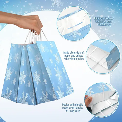 Vista 3 de Jectivs Paquete de 24 bolsas de regalo para fiestas, bolsas grandes y gruesas de papel kraft blanco con copos de nieve azul hielo con tejido blanco