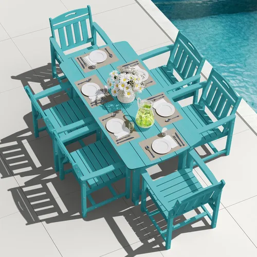 Vista 27 de Mesa de comedor rectangular para exteriores, mesa de polietileno de alta densidad resistente para 6, mesa de patio resistente a la intemperie