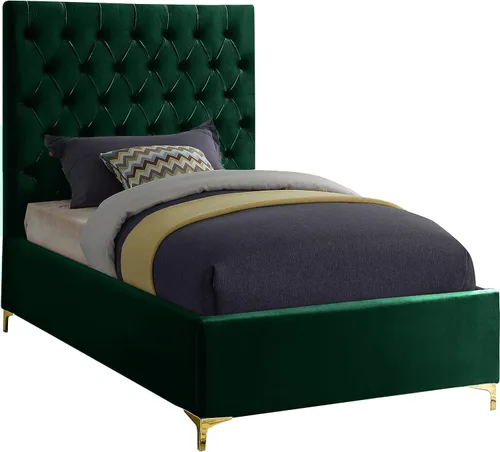 Vista 14 de Meridian Furniture Colección moderna Cruz Cama tapizada de terciopelo contemporánea con acolchonamiento de botones profundos y juegos completos