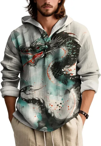 Vista 19 de Sudadera con capucha con estampado novedoso para hombre, multiestilo, manga larga, casual, con botones de un cuarto
