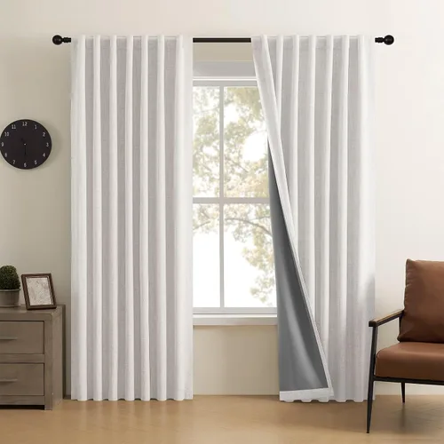 Vista 23 de CUCRAF Juego de 2 paneles de cortinas 100% opacas de lino de 84 pulgadas de largo, con pestaña trasera y bolsillo para barra para sala de estar