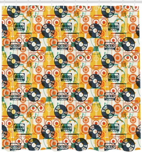 Vista 2 de Cortina de ducha de música por Ambesonne, patrón con instrumentos musicales en diseño plano radio cassette estilo vinilo Nostalgic, paño Juego