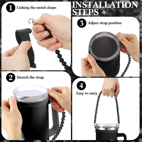 Vista 4 de SiliFine Soporte de Asa de Botella de Agua de Silicona con Correa de Perlas Compatible con Accesorios de Taza Stanley, Encantos, Portabotellas