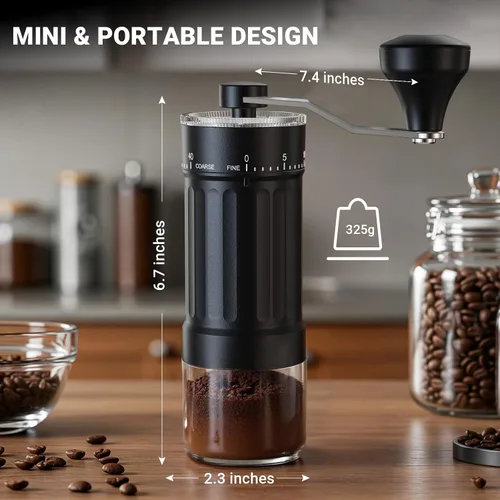 Vista 4 de Mini molinillo de café manual con 40 configuraciones ajustables, molinillo de granos de café portátil de mano con capacidad de 30g, molinillo