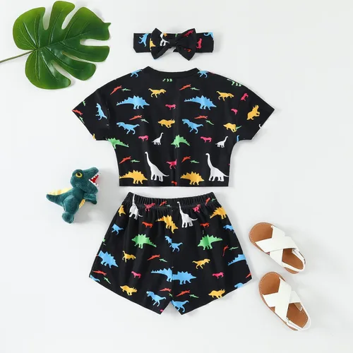 Vista 3 de AMAWMW Ropa de verano para niña pequeña, manga corta, floral, lunares, camiseta, pantalones cortos, diadema, 3 piezas, traje de bebé niña