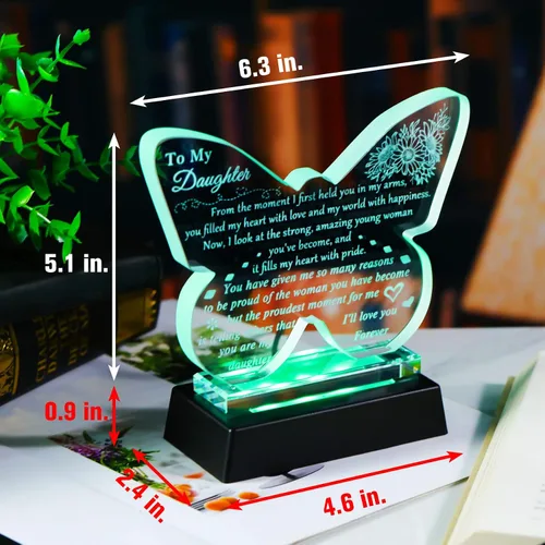 Vista 2 de YWHL Regalo para mi Hija de Papá Mamá, Mejores Regalos de Cumpleaños para Hija Adulta, Recuerdo de Vidrio en Forma de Mariposa con Base de Luz