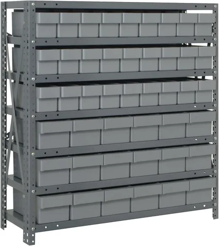 Vista 415 de Quantum QSBU-245BK Heavy Duty Shelving Unit with (7) Shelves and (24) QUS245 Black Bins for Garage Warehouse Storage Distribution 400 lb Load
