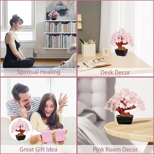Vista 6 de Parma77 Feng Shui - Árbol de dinero de cristal de cuarzo rosa natural, árboles de cristal curativo, decoración estilo bonsái para riqueza y suerte