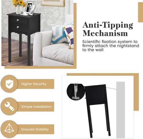 Vista 4 de Giantex Mesa auxiliar con 2 cajones, mesita de noche, mesa decorativa multiusos, sala de estar, dormitorio, muebles para el hogar (1, negro)