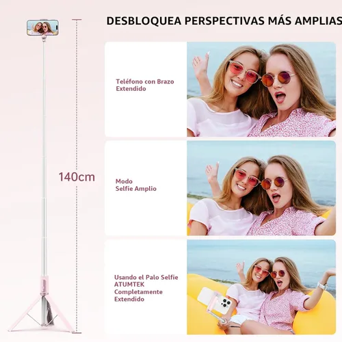 Vista 5 de ATUMTEK Trípode selfie stick de 55", trípode extensible todo en uno de aluminio para teléfono con control remoto Bluetooth recargable para iPhone