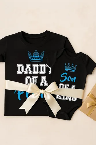 Vista 5 de Tstars Camisetas a juego para papá y bebé con texto en inglés "Daddy of a Prince Son of a King" para recién nacidos y papás