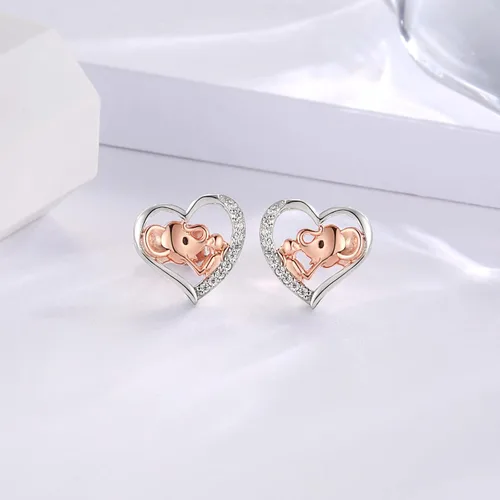 Vista 4 de Aretes de plata de ley con corazón para niñas perro, elefante, vaca, caballo hipoalergénico, animal y niña, aretes de corazón para cumpleaños