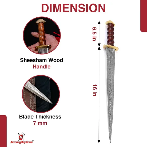 Vista 2 de Armory Replicas - Espada corta de acero de Damasco forjada a mano de inspiración medieval con mango de madera auténtica y latón - Coleccionable