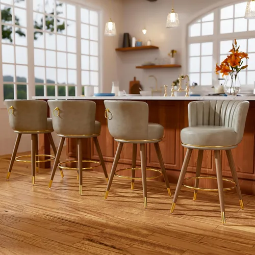 Vista 16 de SeekFancy - Juego de 2 taburetes de bar giratorios de cuero negro de 24 pulgadas Upholstered pleated backs, wood legs, gold footrests, 300lbs