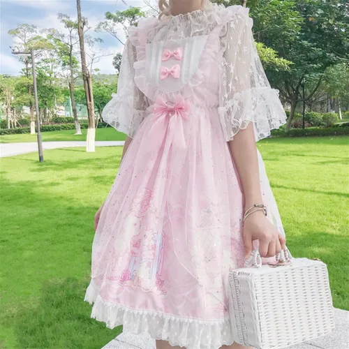 Vista 4 de BXSM Lolita - Vestido de princesa Kawaii de gasa de encaje para niña, vestido encantador Lolita para uso diario, Rosado