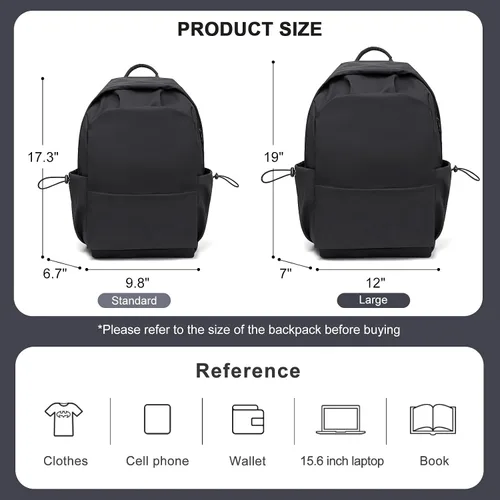 Vista 3 de Mochila Escolar Mochila de Día Casual Negra Bolso para Libros, A-Negro, Grande