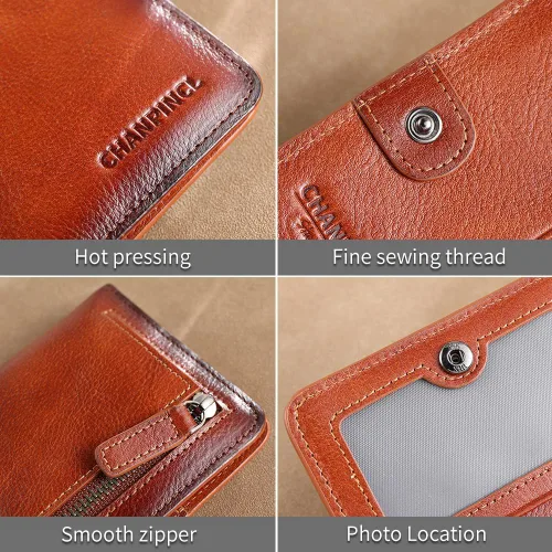 Vista 6 de Cartera de cuero con cremallera para hombre, con bloqueo RFID, mini billetera portátil con múltiples ranuras para tarjetas para billetes, marrón