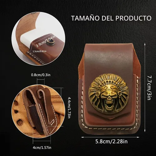 Vista 2 de Funda de cuero para encendedor, bolsa de cuero con tapa abatible, funda de soporte con trabilla para cinturón de bolsillo, hecha a mano