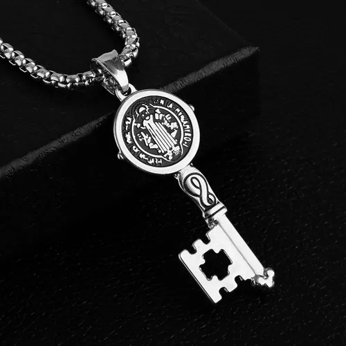 Vista 4 de HZMAN Collar de exorcismo de San Benito de acero inoxidable con circonita dorada y plata católica, colgante de cruz para hombres y mujeres, regalo