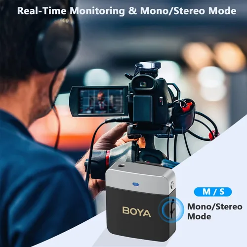 Vista 3 de BOYA Micrófono Lavalier inalámbrico de 2.4 GHz Duan Channel Sistema de micrófono inalámbrico con transmisor y 1 receptor para cámara iPhone