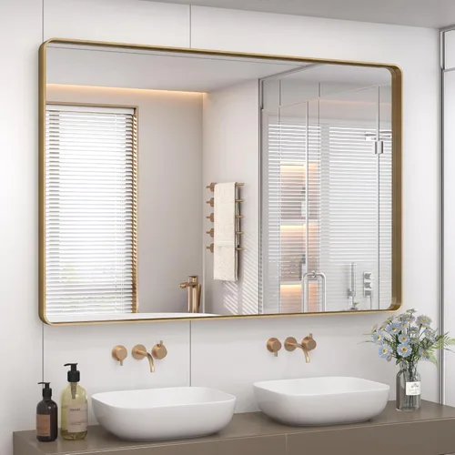 Vista 103 de Paquete de 2 espejos de baño con marco de metal negro de 22 x 30 pulgadas, espejo rectangular redondeado negro mate, antioxidante, se cuelga