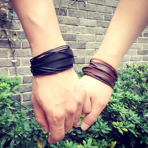 Vista 6 de Pulsera de piel auténtica para hombre y mujer, multicapa, ajustable, con cuerda multicolor, latín, Negro, C0020