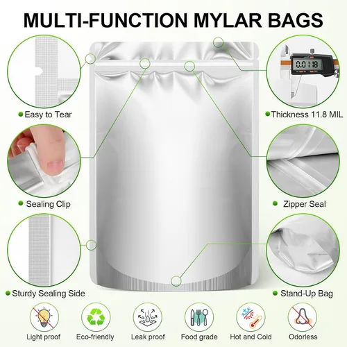Vista 3 de Bolsas Mylar de 5 galones para almacenamiento de alimentos: paquete de 10 bolsas gruesas de larga duración con absorbentes de oxígeno, bolsa