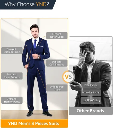 Vista 5 de YND - Traje ajustado de 3 piezas para hombre, chaqueta con 2 botones, chaleco, pantalones y corbata
