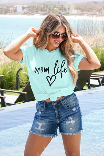 Vista 4 de Camisa Lotucy con letras impresas «Mom Life», «Tired Mom», «Blessed Mama», de manga corta, para mujer Verde-1