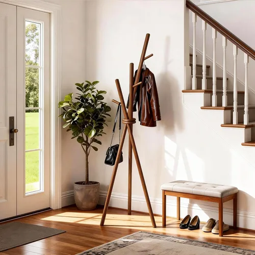 Vista 4 de VICITON Perchero de madera, trípode independiente con 3 ganchos para ropa, sombreros y bolsos, perchero para dormitorio, sala de estar, entrada