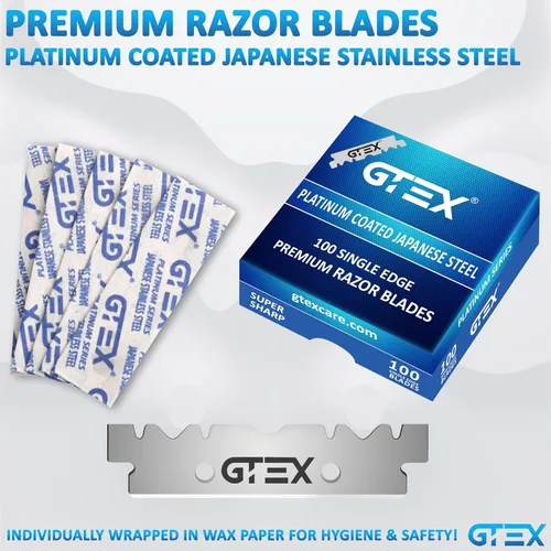 Vista 5 de 2 maquinillas de afeitar rectas para hombres (azul negro), 100 cuchillas GTEX de primera calidad (acero japonés) – Paquete de 2 maquinillas