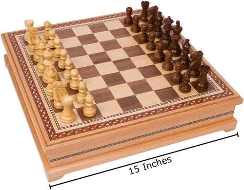 Vista 2 de Helen - Juego de mesa de ajedrez con incrustaciones de madera con piezas de madera pesadas, tamaño grande de 15 x 15 pulgadas