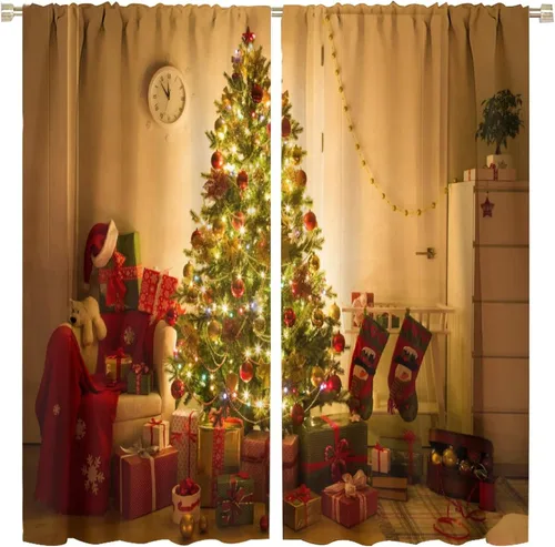 Vista 13 de Cortina opaca de Navidad para ventana, campanas de Navidad, festivales, decoración de atmósfera, cortina para sala de estar, habitación