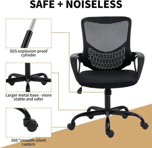 Vista 7 de Silla de oficina, silla de escritorio, silla de computadora ergonómica de malla con reposabrazos de soporte lumbar, silla de computadora giratoria