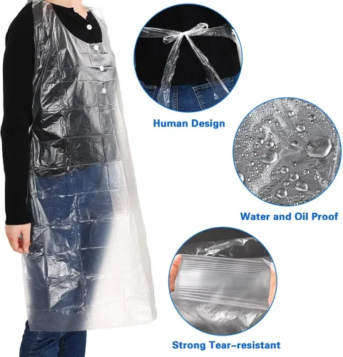 Vista 5 de JULMELON Delantales desechables grandes, 50 unidades de 44 x 30 pulgadas, delantales de plástico transparente impermeables para adultos, pintura