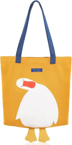Vista 8 de Bonita bolsa de lona para mujer, bolsa de tela de algodón reutilizable para el almuerzo, compras y playa (pato amarillo de transporte a mano)