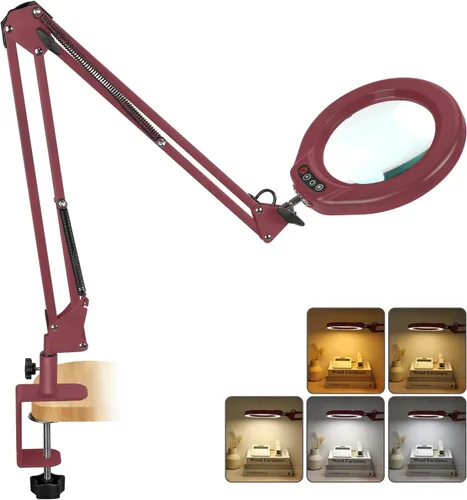 Vista 10 de VEEMAGNI Lupa grande de cristal real de 12 x 5 pulgadas con luz y soporte, 5 modos de color regulable, brazo giratorio largo LED abrazadera lámpara
