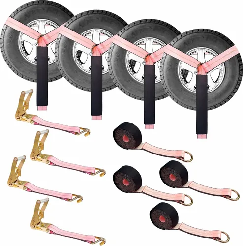 Vista 14 de Mega Cargo Control Juego de 4 correas de lazo de anillo D de elevación de rueda de 2 pulgadas x 10 pies con (4) trinquetes de 2 pulgadas, (4)